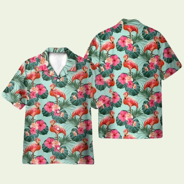 Flamingo Beautiful Floral Hawaiian Shirt for Men ? Tropical Hibiscus & Flamingo Design, Perfect for Summer Vacations