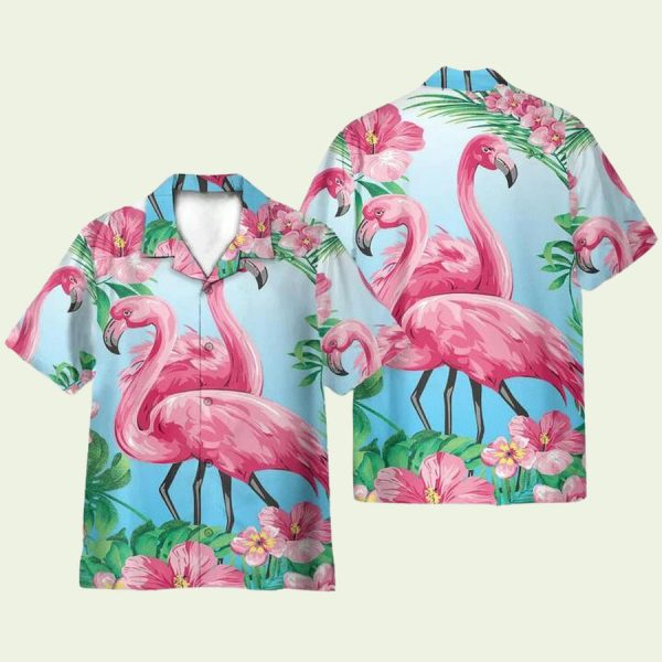 Flamingo Hibiscus Tropical Retro Hawaiian Shirt for Men ? Bold Hibiscus Design & Tropical Vibes, Perfect for Summer
