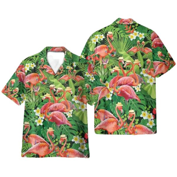 Flamingo in Tropical Green Leaves Funny Hawaiian Shirt for Men ? Bold Hibiscus Design, Perfect for Summer & Vacation Fun