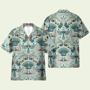 Flamingo Multi-Bird Pattern Hawaiian Shirt for Men ? Tropical Floral Design & Summer Beach Style