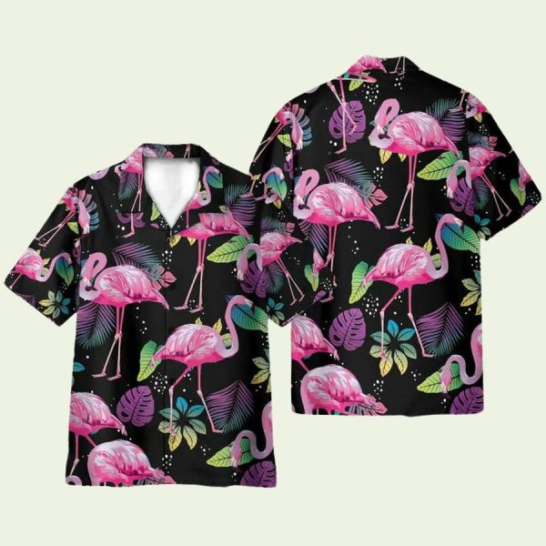 Flamingo Tropical Leaf Summer Hawaiian Shirt for Men ? Bold Hibiscus & Flamingo Design, Perfect for Vacation