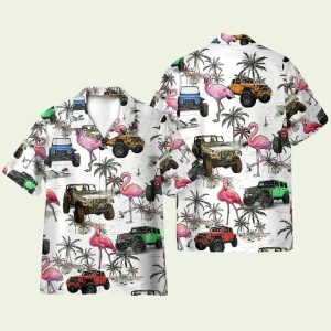 Jeep Cars and Flamingo Hawaiian Shirt for Men ? Muscle Car Lover Design & Tropical Summer Style