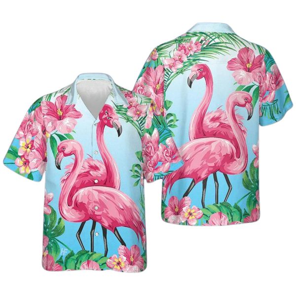 Tropical Floral Flamingo Hawaiian Shirt for Men ? Bold Hibiscus & Flamingo Design, Perfect for Summer Adventures